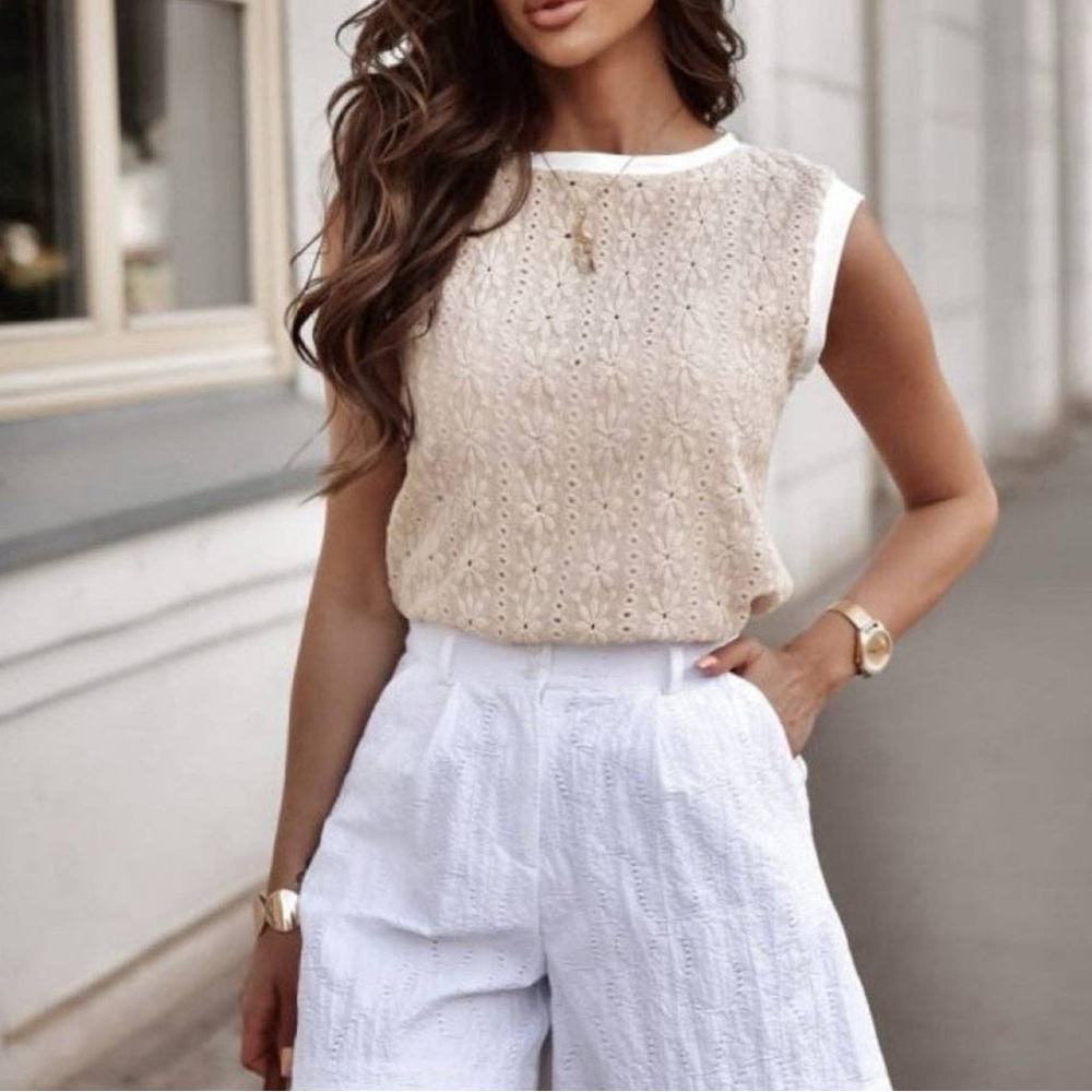 Oatmeal Eyelet Sleeveless Knit Top